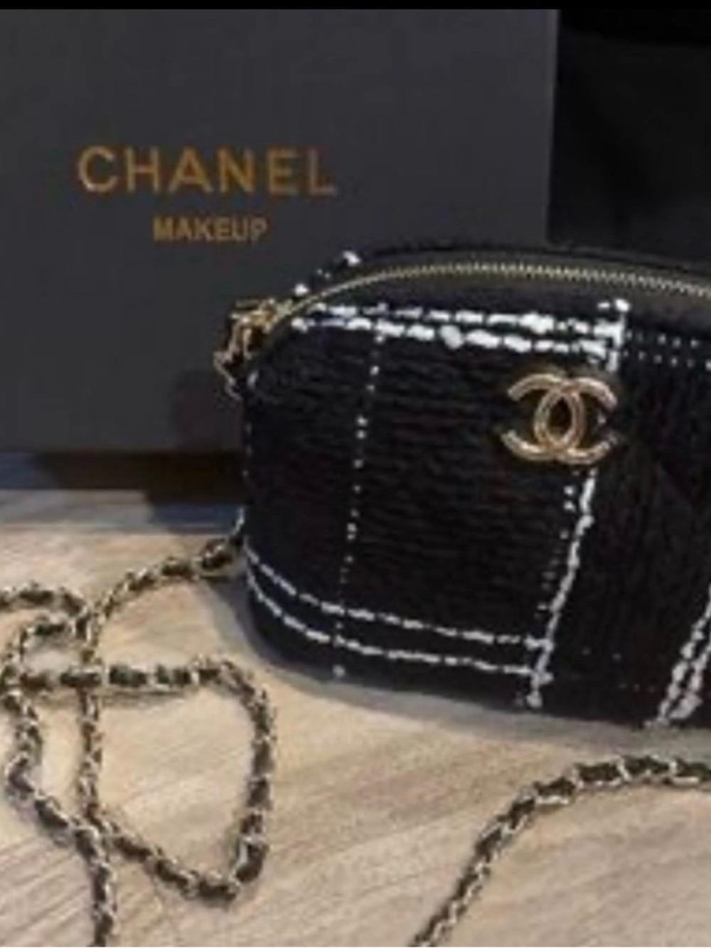 Black Tweed Crossbody Bag with Gold CC Accent brand new